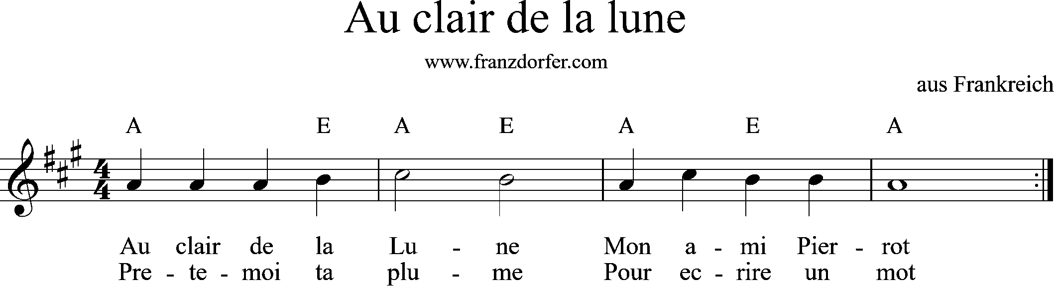 Geigennoten , A-Dur, Au clair de la lune